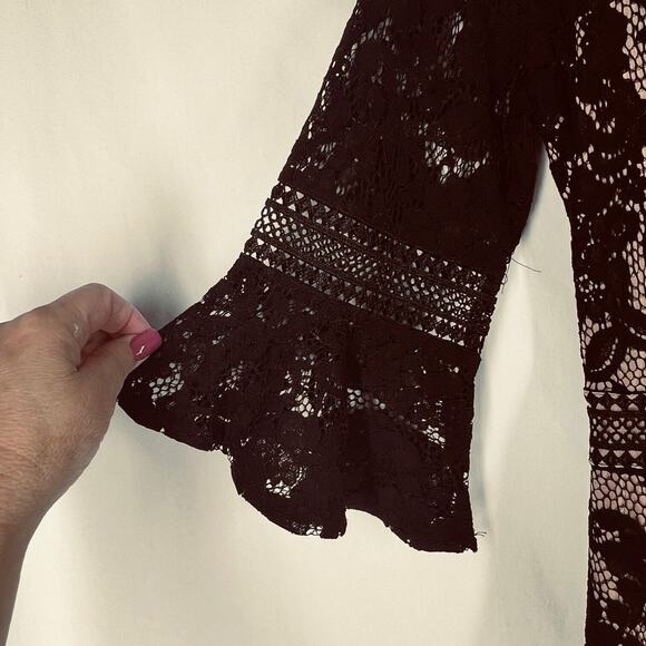 Miss May Womens Dress Medium Black Floral Lace Tan Lining Flare Sleeves A Line - Picture 6 of 16